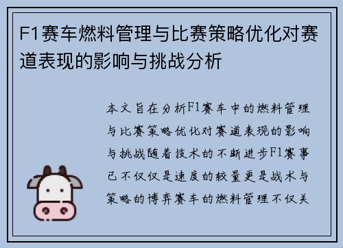 F1赛车燃料管理与比赛策略优化对赛道表现的影响与挑战分析