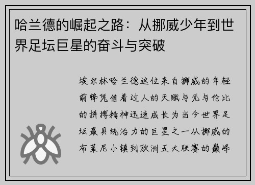 哈兰德的崛起之路：从挪威少年到世界足坛巨星的奋斗与突破